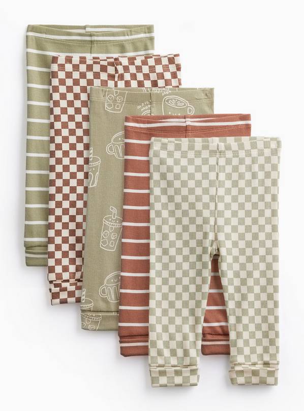 Brown & Green Ribbed Leggings 5 Pack 2-3 years
